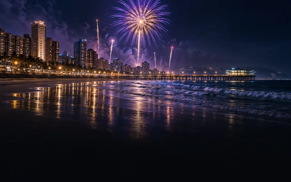 Fireworks bursting above the Durban beachfront, pier and reflections on wet sand